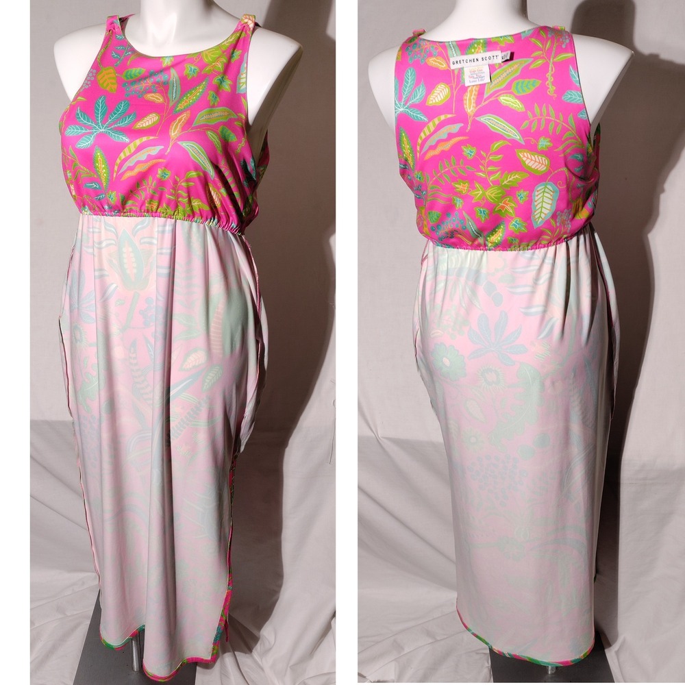 Gretchen Scott XL Pink Hummingbird Heaven Side Tie Sleeveless Maxi Dress Slit - Picture 9 of 10
